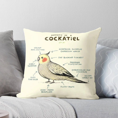 Closeup of a cockatiel-shaped pillow with detailed feather pattern and beak