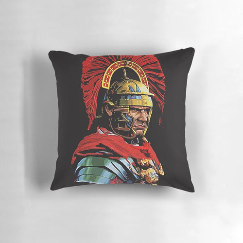 A decorative pillow featuring a portrait of a Roman centurion, an ancient Roman soldier.
