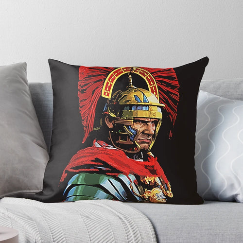A decorative pillow featuring a portrait of a Roman centurion, an ancient Roman soldier.