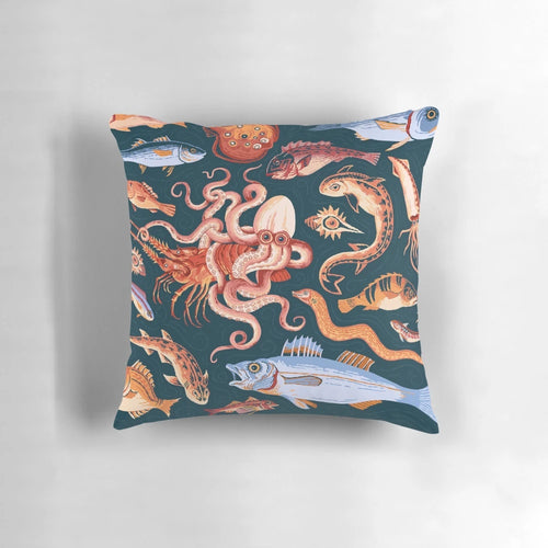 Pompeii-inspired mosaic pillow featuring an octopus and other sea life