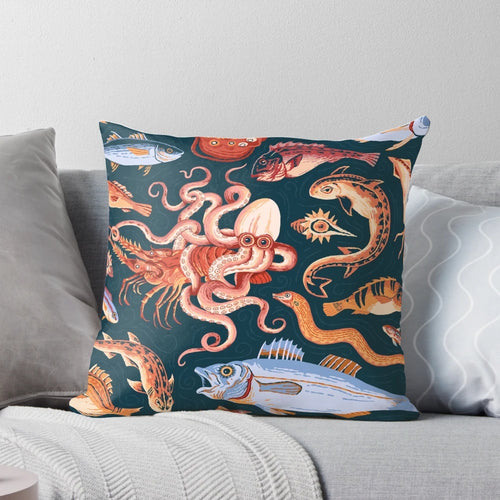Pompeii-inspired mosaic pillow featuring an octopus and other sea life