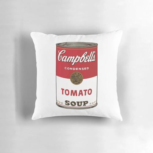 Campbell's tomato soup inspired decorative pillow with Andy Warhol's pop art design