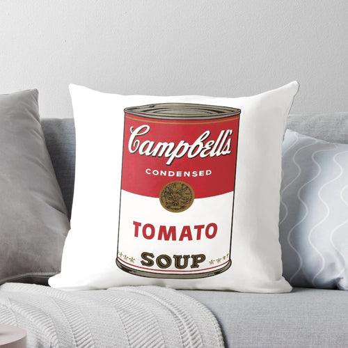 Campbell's tomato soup inspired decorative pillow with Andy Warhol's pop art design