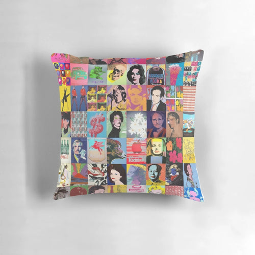 Andy Warhol inspired pop art throw pillow with vibrant colors and screen print design