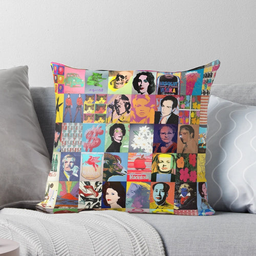 Andy Warhol inspired pop art throw pillow with vibrant colors and screen print design