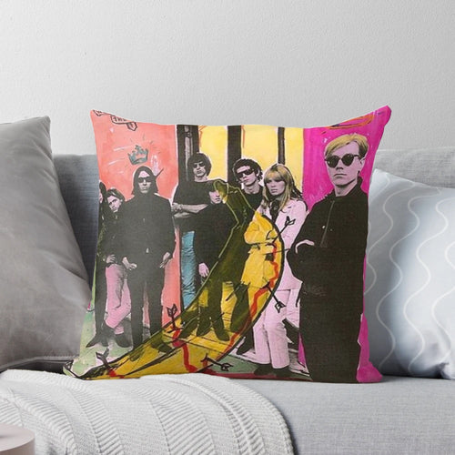 Vibrant pillow featuring Andy Warhol's iconic Velvet Underground banana design, a classic pop art image.