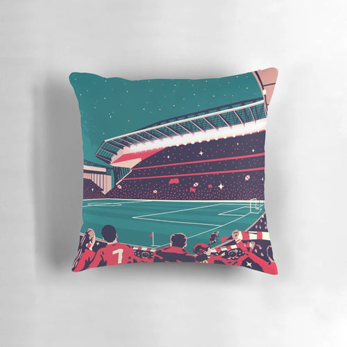 Anfield Stadium Pillow, featuring the iconic Liverpool Football Club crest and Anfield stadium image