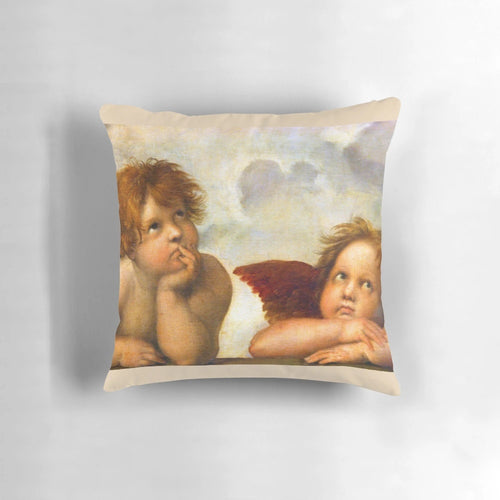 Decorative pillow featuring cherubs from Raphael's Sistine Madonna painting