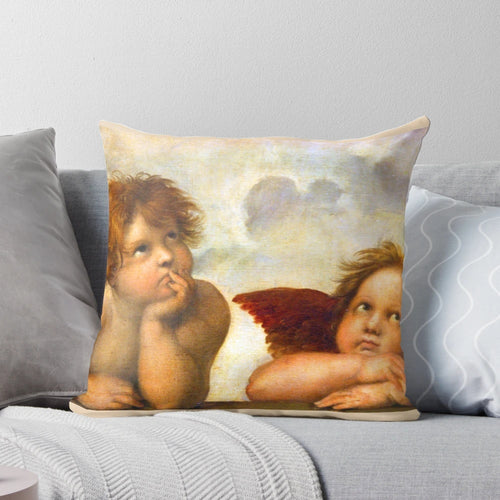 Decorative pillow featuring cherubs from Raphael's Sistine Madonna painting