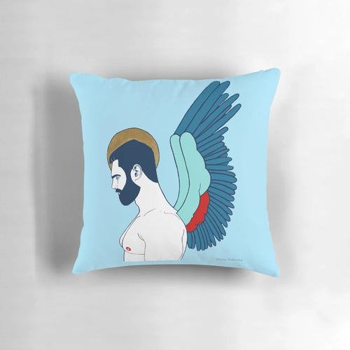 A soft, plush pillow featuring an illustration of a bearded male guardian angel, a symbol of LGBTQ+ spirituality and divine protection.