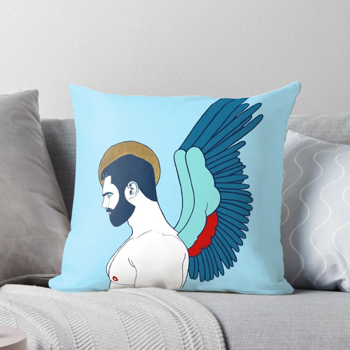 A soft, plush pillow featuring an illustration of a bearded male guardian angel, a symbol of LGBTQ+ spirituality and divine protection.