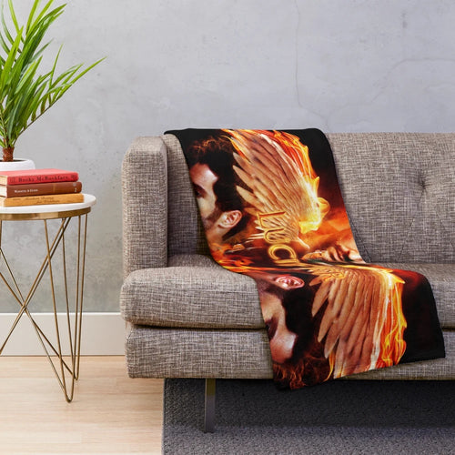 Plush blanket with fiery wings design, inspired by the Lucifer TV show