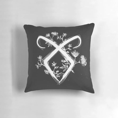 Angelic rune-themed throw pillow featuring intricate celestial design