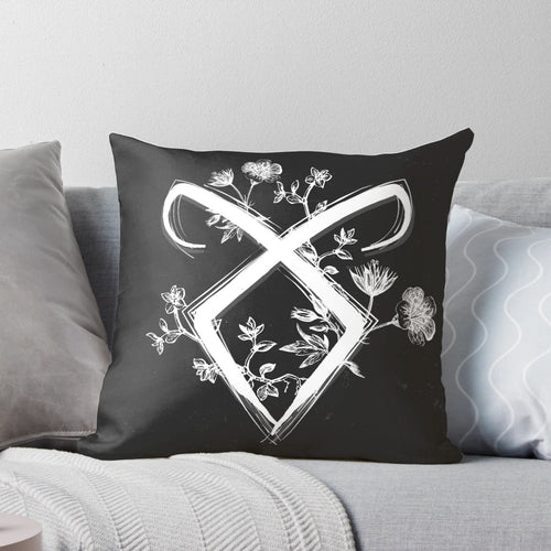 Angelic rune-themed throw pillow featuring intricate celestial design