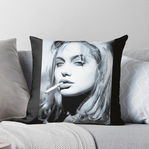 Angelina Jolie Rough Silver Portrait Pillow Featuring a Striking Monochrome Image of the Hollywood Actress