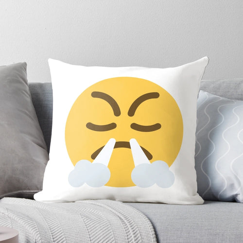 Angry steam face emoji pillow with irritated, exasperated expressions