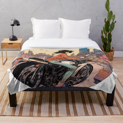 Anime-inspired plush blanket featuring a woman riding a motorcycle in a cityscape