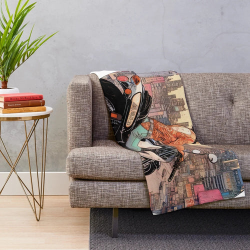 Anime-inspired plush blanket featuring a woman riding a motorcycle in a cityscape