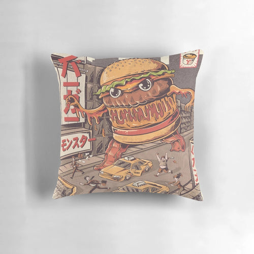 Illustrated BurgerZilla anime-style pillow featuring a giant, retro-inspired cheeseburger monster
