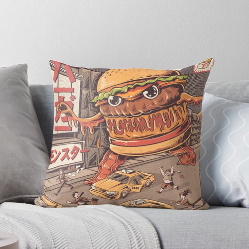 Illustrated BurgerZilla anime-style pillow featuring a giant, retro-inspired cheeseburger monster