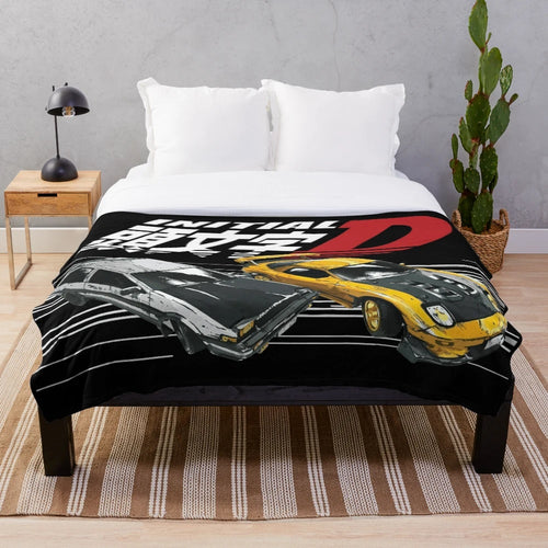 Plush blanket with anime cars drifting on a mountain road