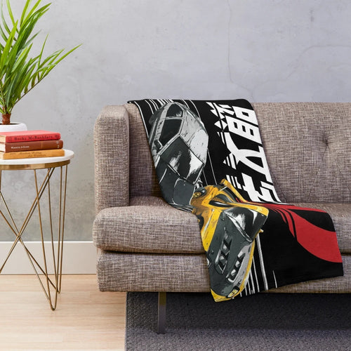 Plush blanket with anime cars drifting on a mountain road