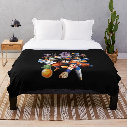 Dragon Ball Super inspired plush blanket featuring characters like Goku, Vegeta, and Broly