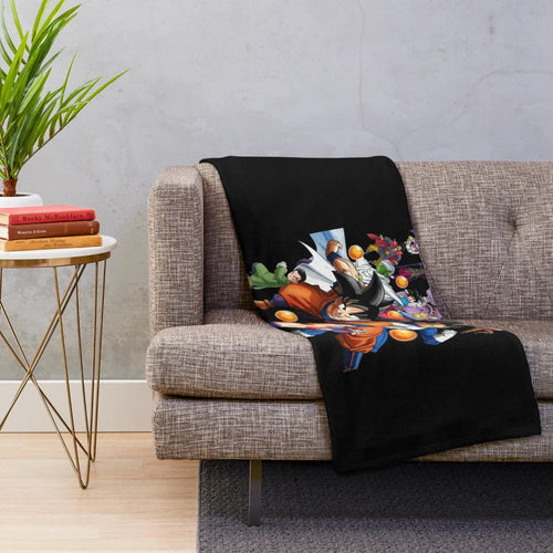 Dragon Ball Super inspired plush blanket featuring characters like Goku, Vegeta, and Broly