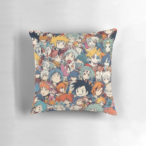 Soft and plush anime-themed decorative pillow with illustrated anime faces