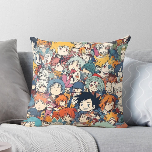 Soft and plush anime-themed decorative pillow with illustrated anime faces