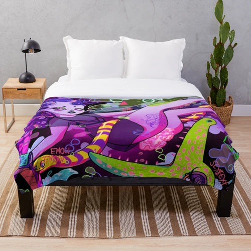Anime-inspired art plush blanket featuring a captivating female portrait surrounded by beautiful animals and flora