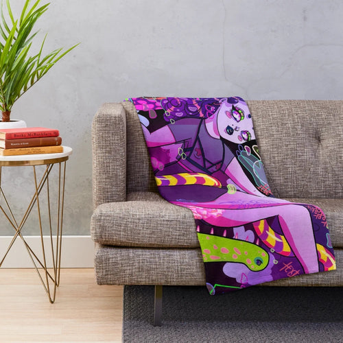 Anime-inspired art plush blanket featuring a captivating female portrait surrounded by beautiful animals and flora