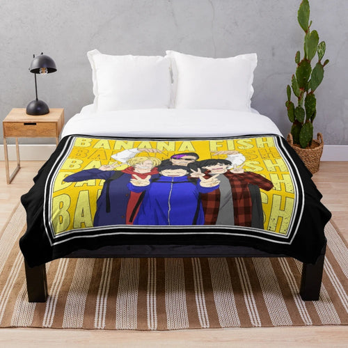 Anime inspired Banana Fish themed plush blanket featuring characters Ash Lynx and Eiji Okumura