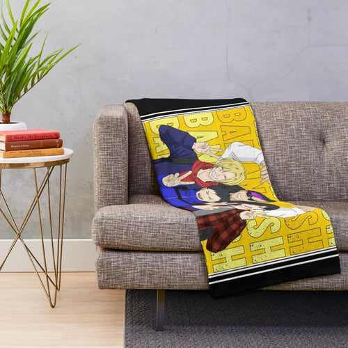 Anime inspired Banana Fish themed plush blanket featuring characters Ash Lynx and Eiji Okumura