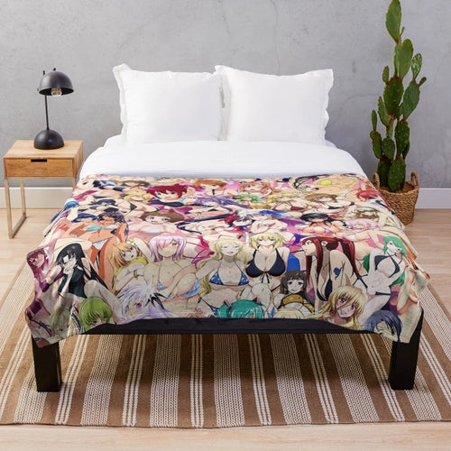 Colorful plush blanket with anime-style beach party scene