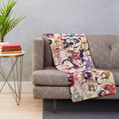 Colorful plush blanket with anime-style beach party scene