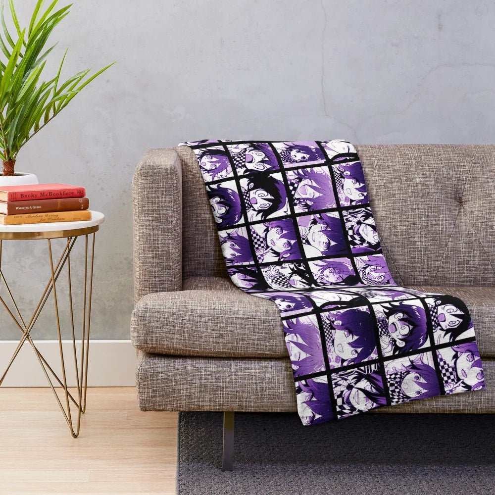 Kokichi Ouma plush blanket featuring colorful manga-style artwork from Danganronpa V3: Killing Harmony