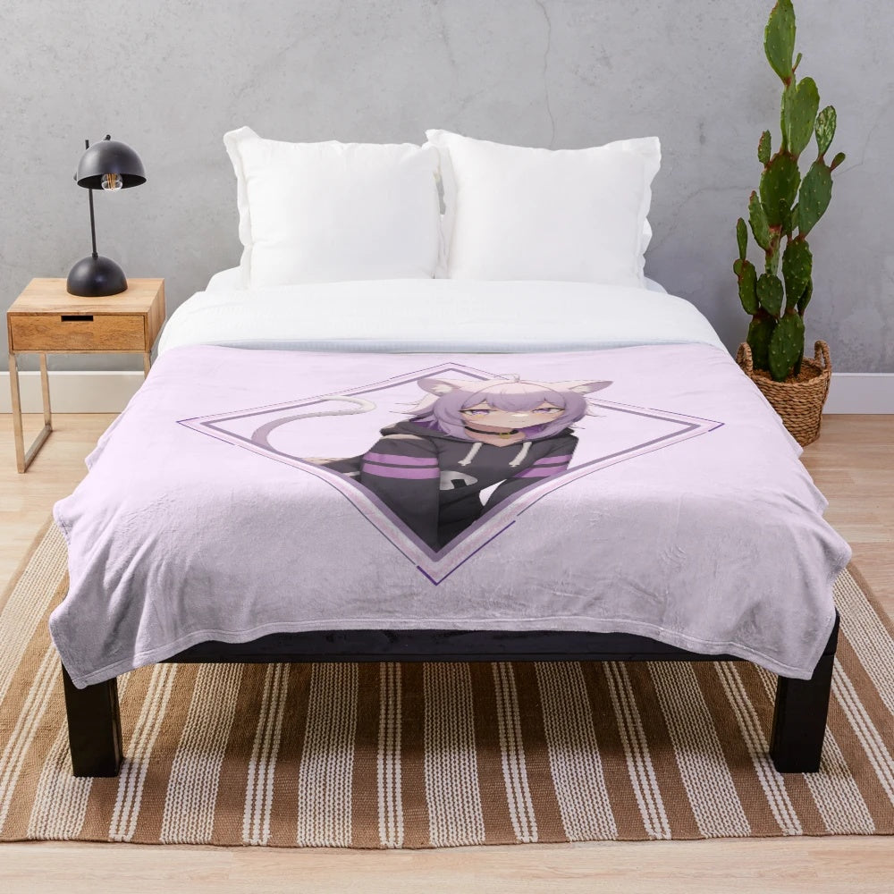 Anime-inspired plush blanket featuring the cute cat girl character Nekomata Okayu from Hololive