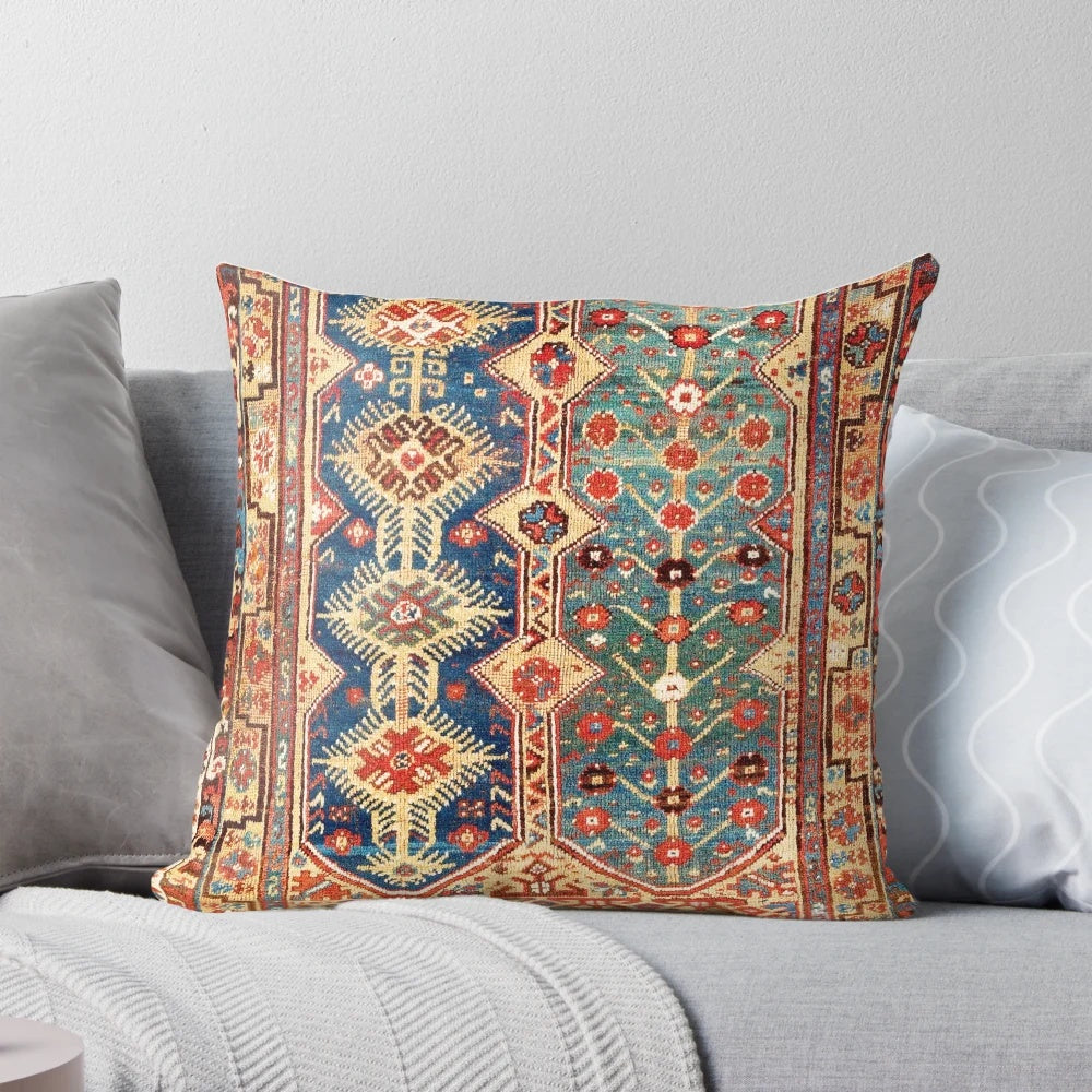 Antique Anatolian rug print accent pillow with geometric and tribal designs