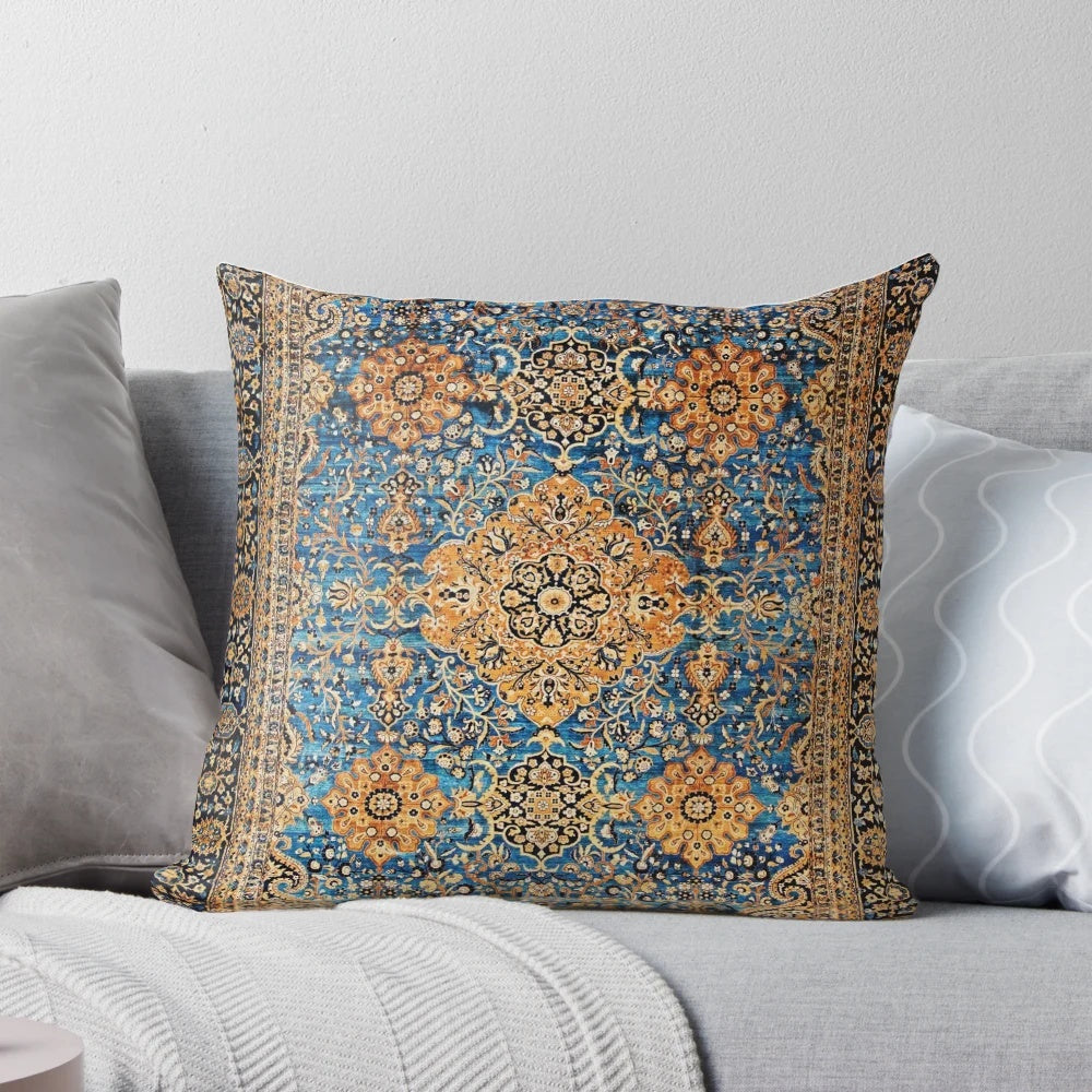 Antique blue Persian Kirman rug print decorative throw pillow