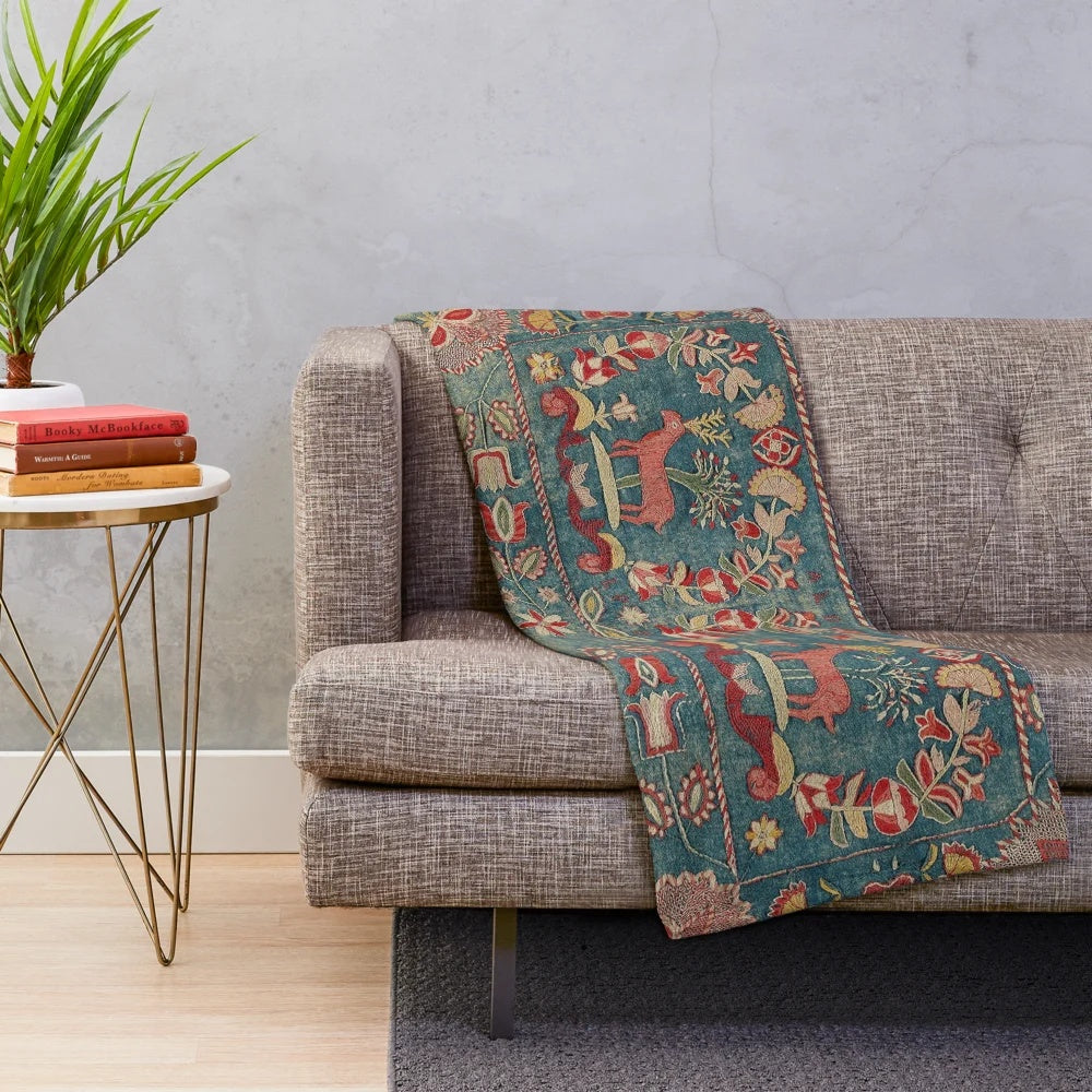 Antique floral and deer Swedish tapestry design plush blanket