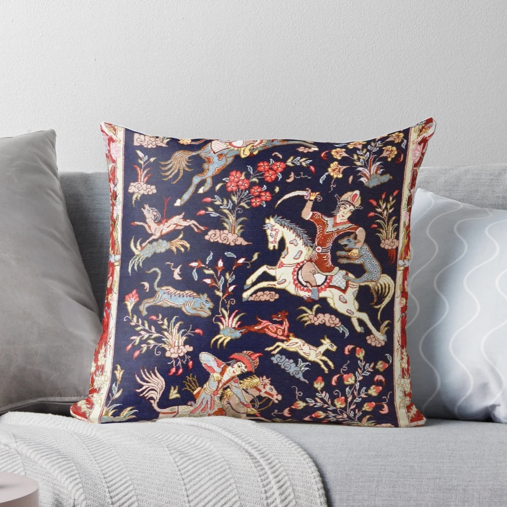 Antique Persian hunting rug print throw pillow with floral and tribal designs in red, blue, and white