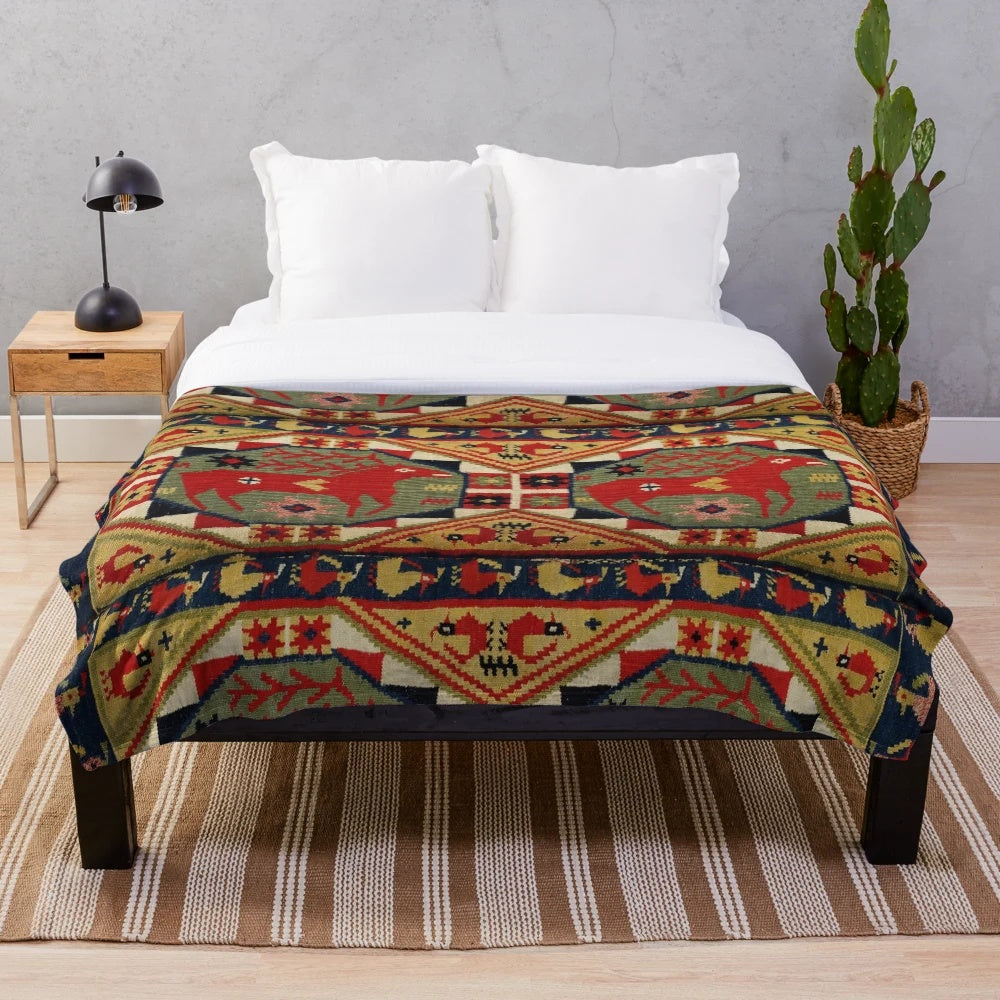 Antique Scandinavian tapestry-inspired plush blanket with geometric floral design and deer