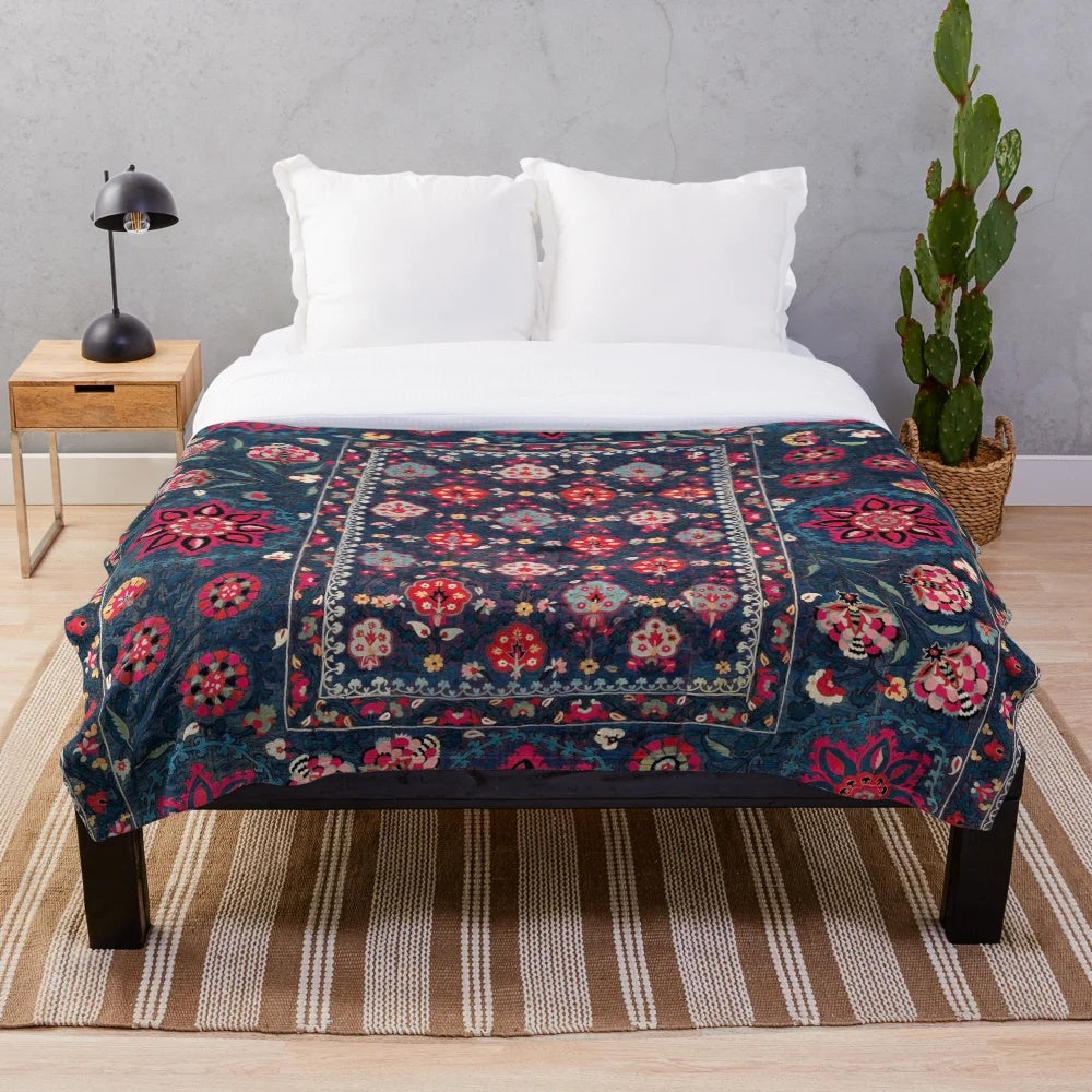 Antique Suzani Embroidered Plush Blanket with Uzbek Inspired Geometric Pattern
