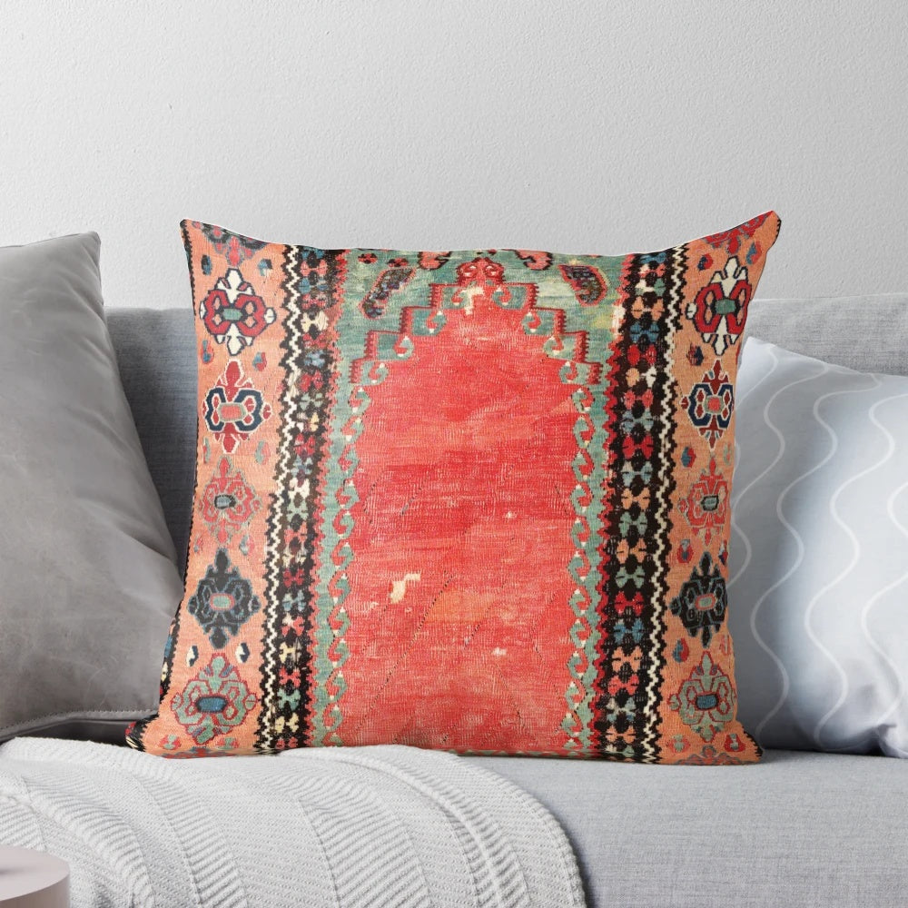 Antique Turkish kilim inspired throw pillow with geometric patterns and vintage aesthetic