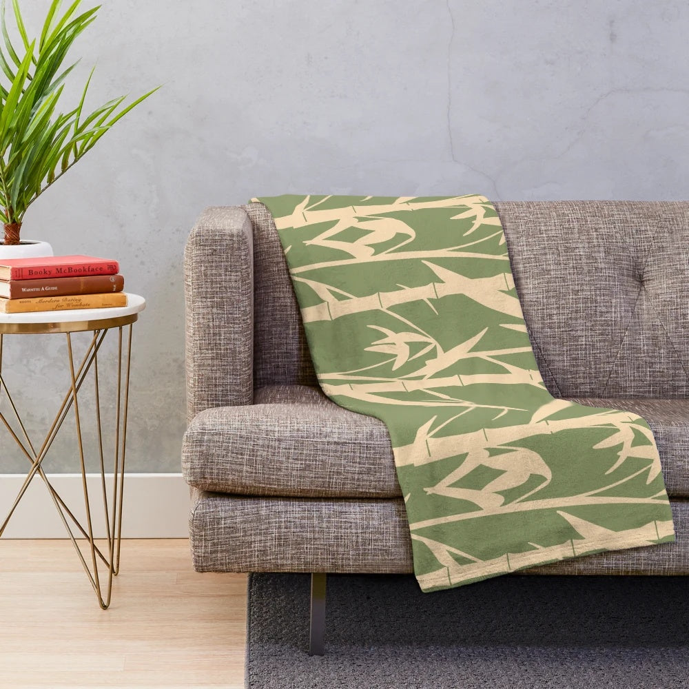 Hand-drawn Japanese bamboo leaves design on a plush, eco-friendly blanket