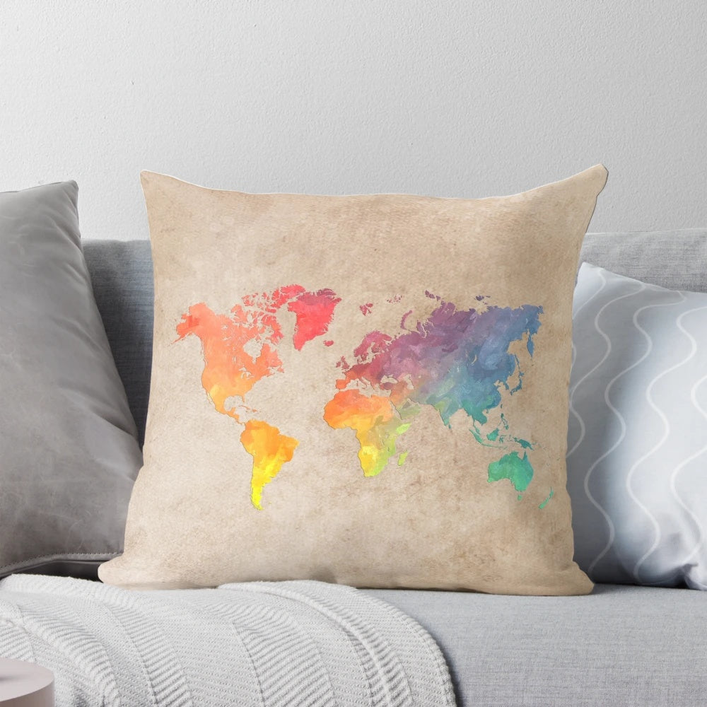 A beautifully crafted throw pillow featuring a hand-painted world map design in a unique typographic and watercolor style.