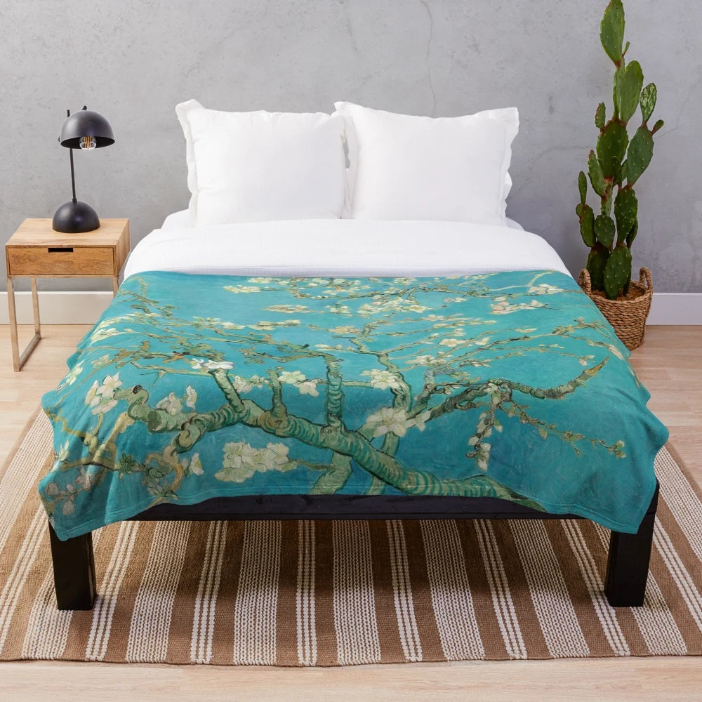 Plush blanket with a vintage van Gogh-inspired almond blossom artwork