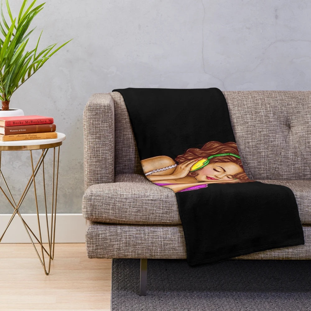 A colorful and unique plush blanket featuring a pop art woman listening to music, ideal gift for the music-loving woman.