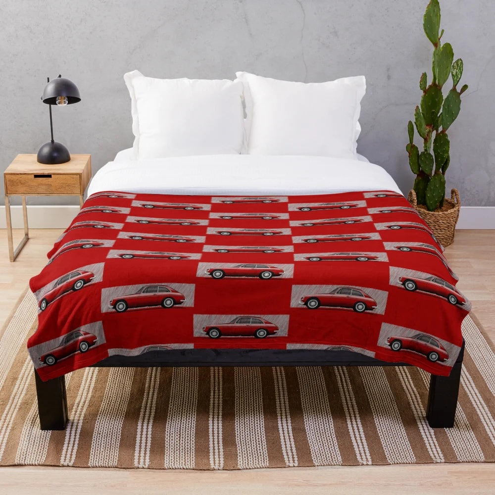 Plush blanket featuring an artistic illustration of the classic MGB GT sports coupe